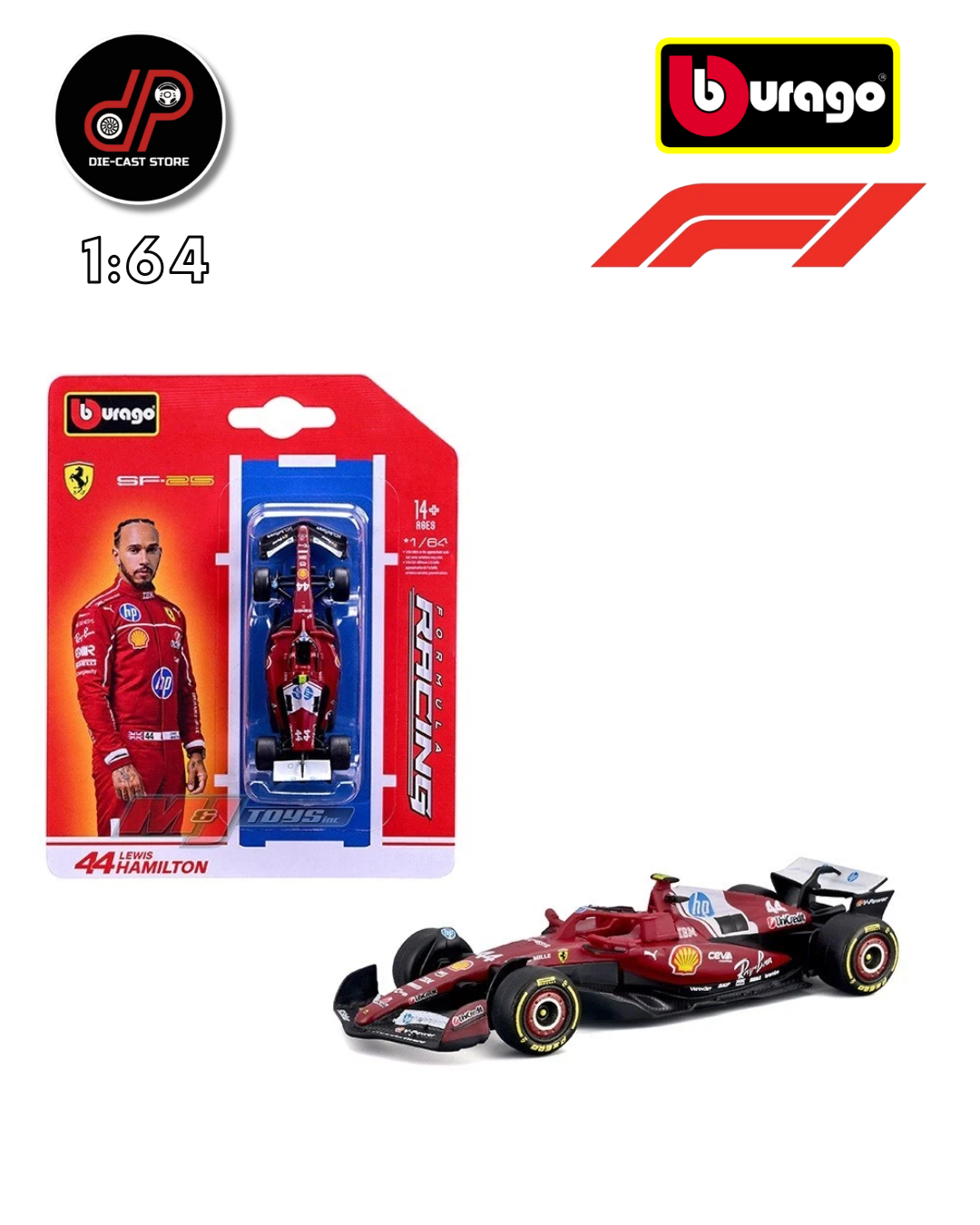 BBURAGO 1:64 FERRARI SF-25 #44 LEWIS HAMILTON RACING FORMULA