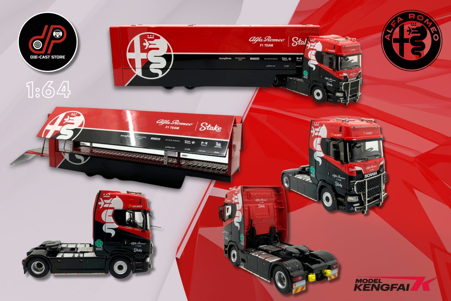 KengFai x Maxwell 1:64 Scania S730 V8 Enclosed Double Deck Gull Wing Transporter MAISTO