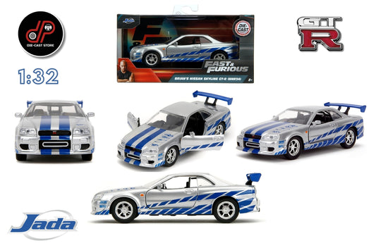 JADA 1:32 FAST & FURIOUS 1:32 BRIAN'S NISSAN SKYLINE GT-R R34 DIE-CAST COCHE PLATA/AZUL