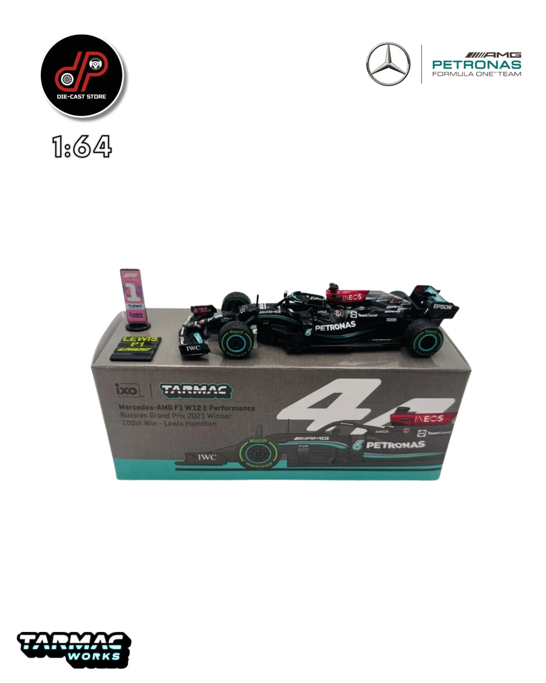 Tarmac Works AMG F1 W12 E Performance # 44 Lewis Hamilton 100th win Russian Grand Prix 2021 winner