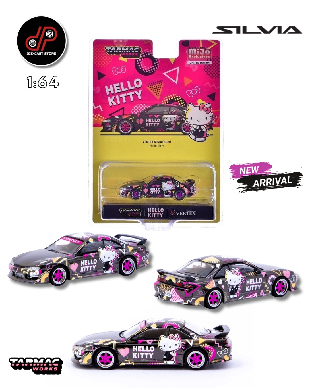 TARMAC WORKS 1:64 VERTEX NISSAN SILVIA S14 HELLO KITTY NEGRO CROMO T64G-018-HK
