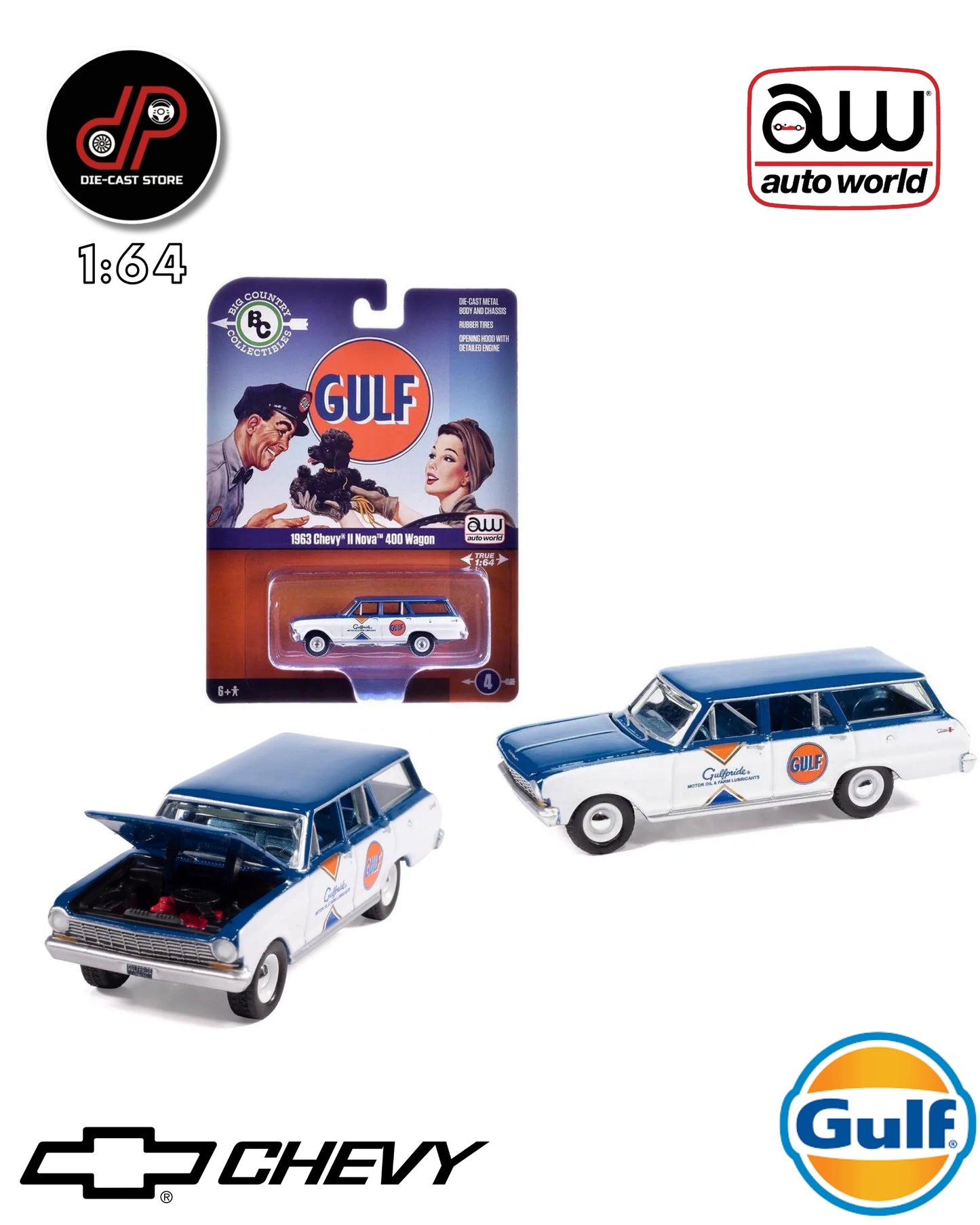 AUTO WORLD 1963 CHEVY II NOVA 400 WAGON GULF WHITE/BLUE