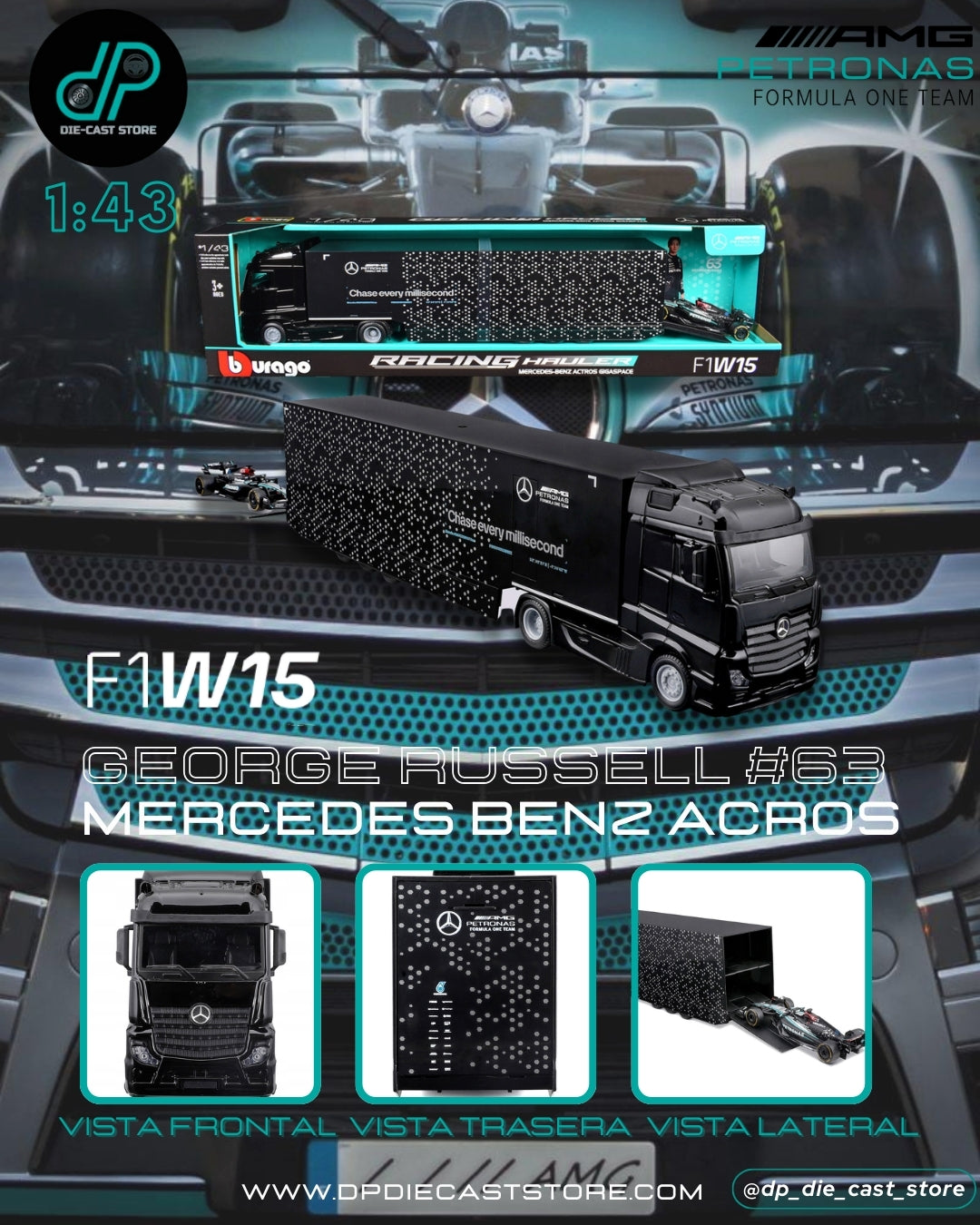 BBURAGO 1:43 MERCEDES-BENZ ACTROS GIGASPACE Y F1W15 #63 RUSSELL
