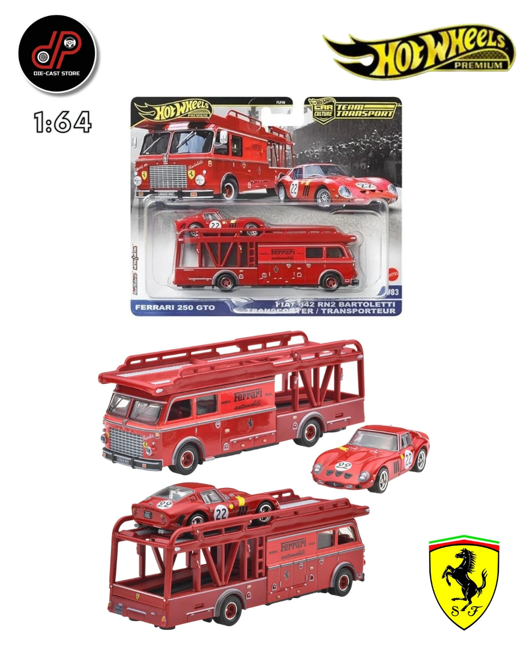 HOT WHEELS PRREMIUM TEAM TRANSPORT FERRARI 250 GTO / FIAT 642 RN2 BARTOLETTI TRANSPORTER