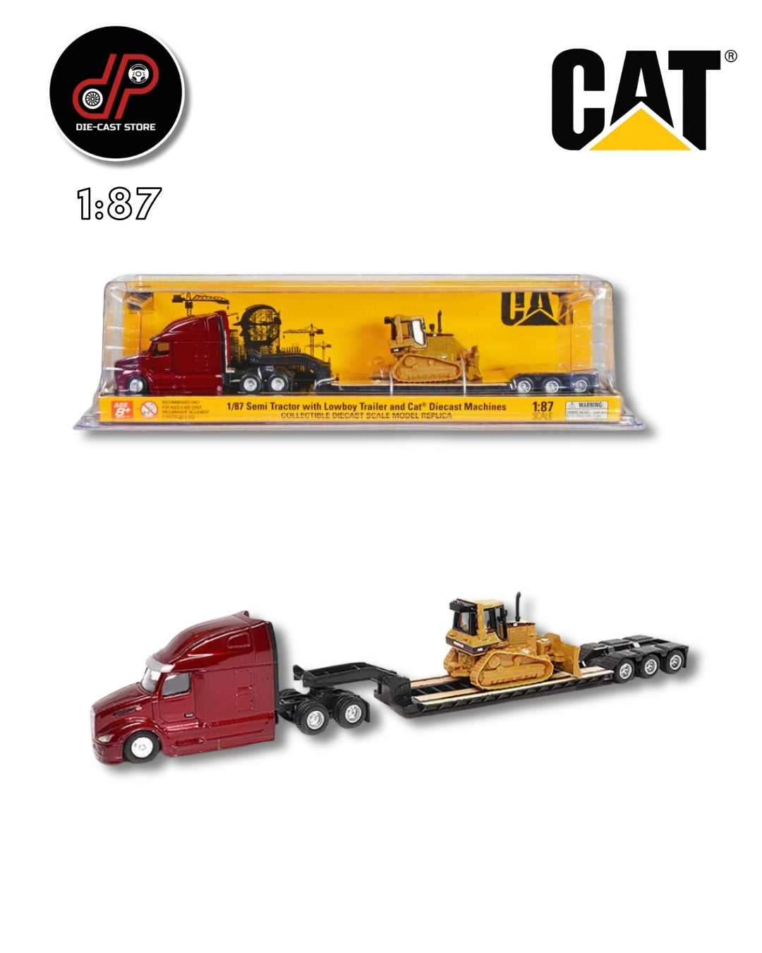 PETERBILT RED 579 ULTRALOFT TANDEM TRACTOR UNIT WITH LOW PLATFORM TRAILER AND CATERPILLAR D5M BULLDOZER