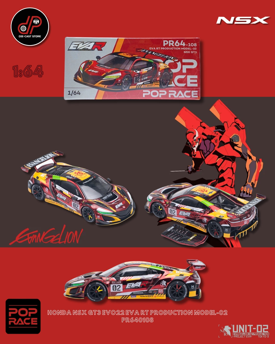 POP RACE 1/64 HONDA NSX GT3 EVO22 EVA RT PRODUCTION MODEL-02 DIECAST SCALE MODEL CAR