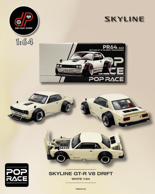 POP RACE 1:64 113 NISSAN SKYLINE GT-R V8 DRIFT BLANCO HUESO