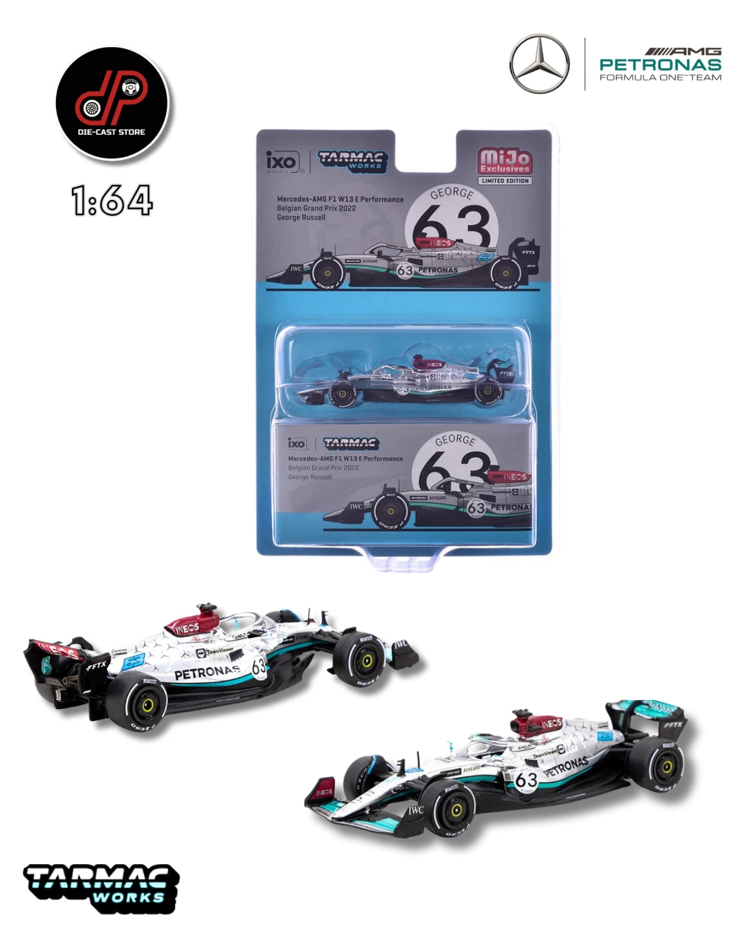 TARMAC WORKS X IXO MODELS 1/64 MERCEDES-AMG F1 W13 E PERFORMANCE BELGIAN GRAND PRIX 2022 GEORGE RUSSELL #63