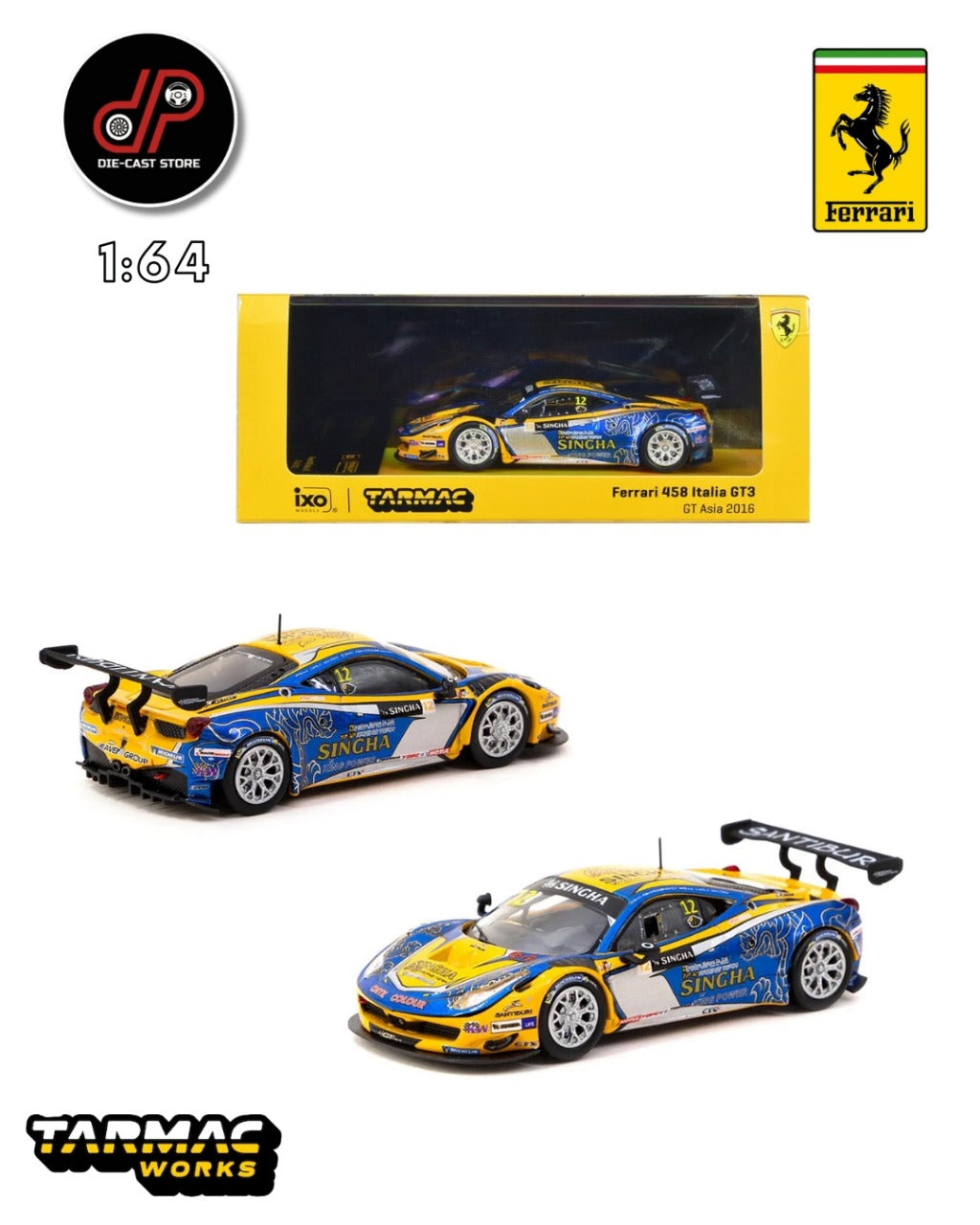Tarmac Works 458 Italia GT3 # 12 Carlo Van Dam - Piti Bhirombhakdi Singha Motorsport GT Serie Asia (2016) Hobby64 Series 1/64 Modelo Fundido a Presa T64-074-16GTA12