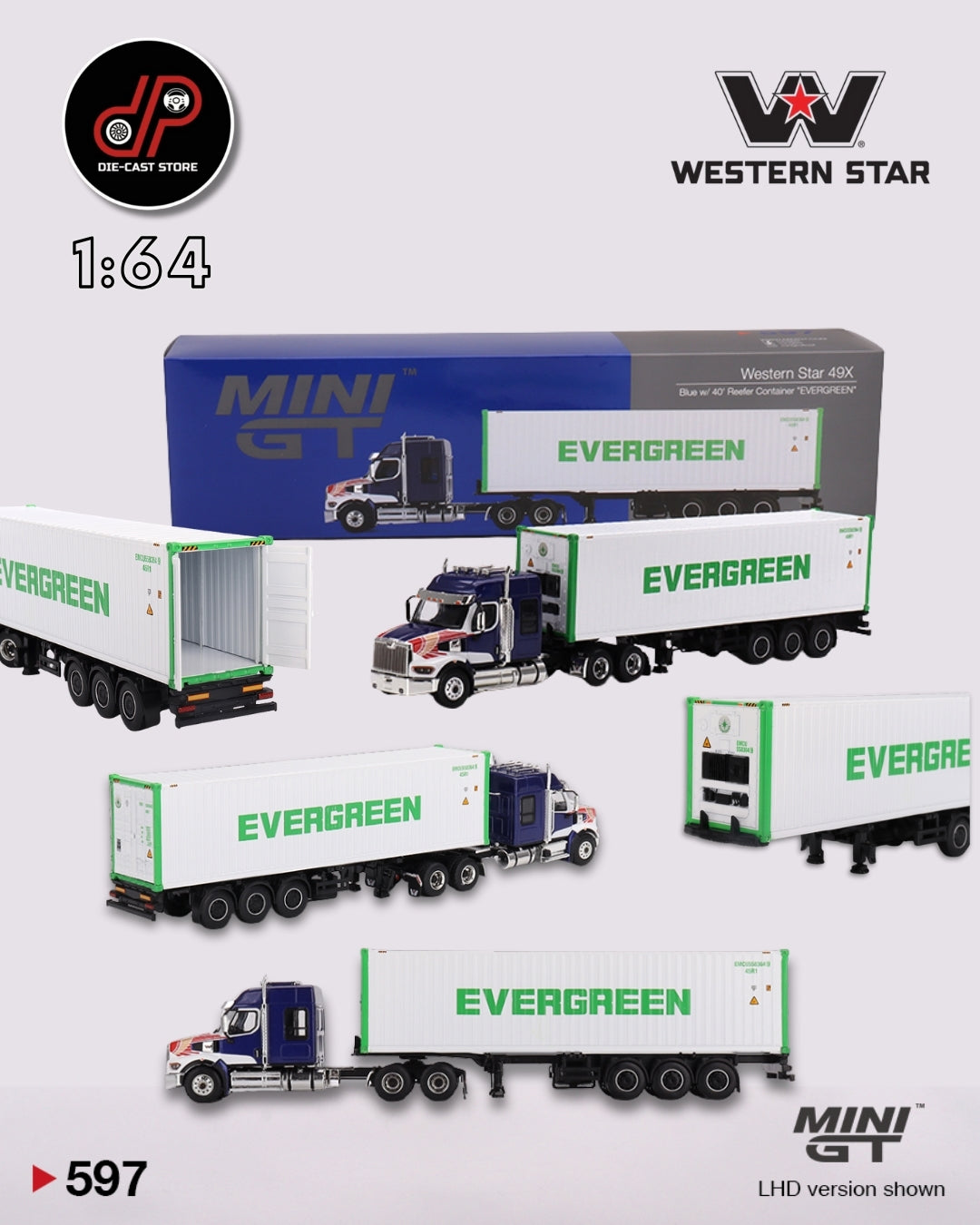 Western Star 49X Blue w/ 40' Reefer Container "EVERGREEN" MGT00597 MINI GT