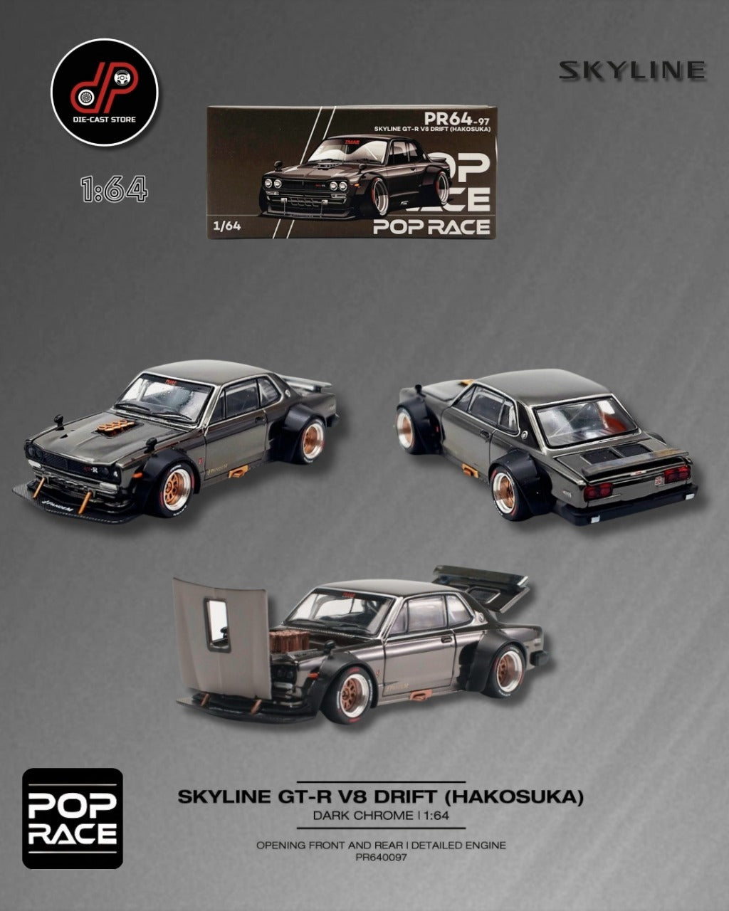 POP RACE 1/64 NISSAN SKYLINE GT-R V8 DRIFT HAKOSUKA DARK CHROME DIECAST SCALE MODEL CAR