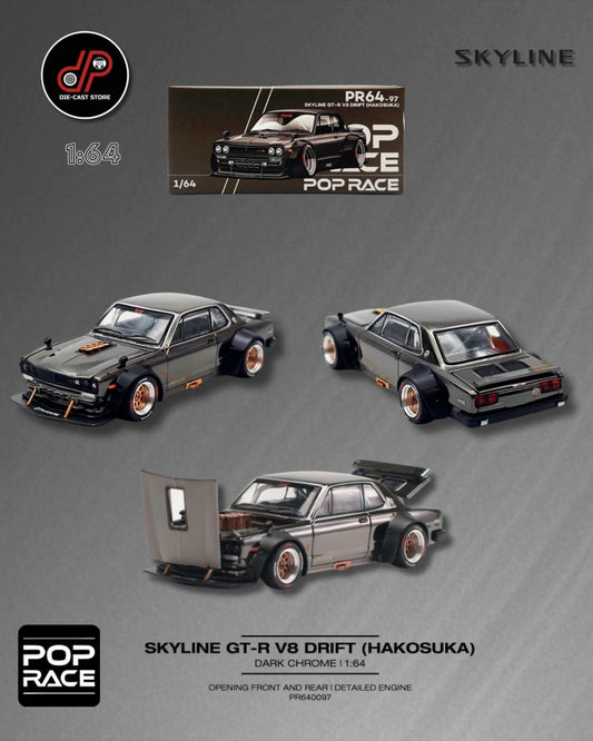 POP RACE 1/64 NISSAN SKYLINE GT-R V8 DRIFT HAKOSUKA DARK CHROME DIECAST SCALE MODEL CAR