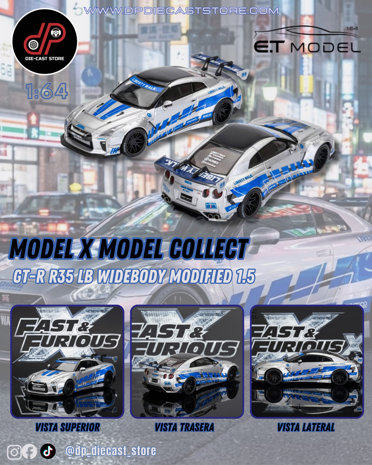 MODEL X MODEL COLLECT FAST AND FURIOUS GT-R R35 LB WIDEBODY MODIFIED 1.5 SILVER/BLUE